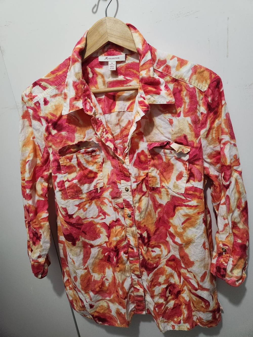 Linen Button-Up Shirt in Coral, Mustard & White